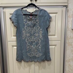 Johnny Was Teal Embroidered Blouse